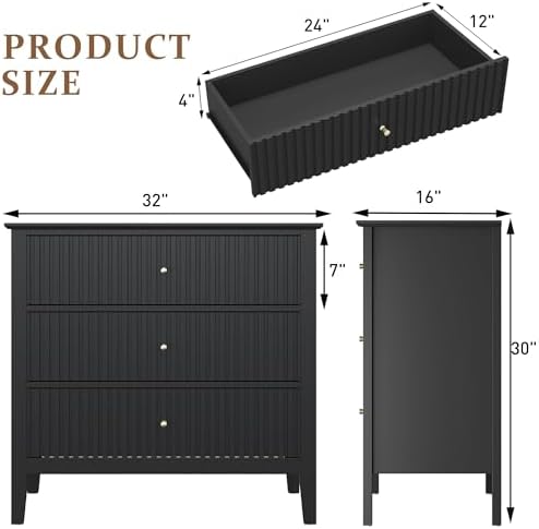 RoyalCraft Large 3 Drawer Dresser Set of 2, Fluted Chest of Drawers with Storage, Modern Painted 30 inch Tall Nightstand for Bedroom Living Room Entryway, Black - Image 2