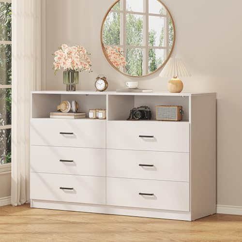 Bigbiglife 6 Drawers Dresser for Bedroom with Open Storage Cubby, Double Wide Dresser Organizer for Bedroom, Living Room, Entryway, Hallway (White) - Image 3