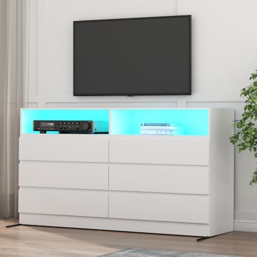 Gyfimoie White 6-Drawer Dresser for Bedroom w/Power Outlet and LED Light - Image 6