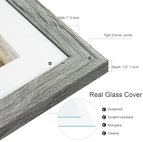 Hongkee 10x14 Picture Frame Set of 4, Made of Glass and Grey Wooden Frame, Display 8x12 Pictures with Mat or 30 x 40cm Diamond Painting Art without Mat for Wall Mounting, Gallery Photo Frames - Image 3