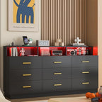 UNIQUITE Black 9 Drawer Dressers for Bedroom, Modern Large Dresser with LED Light and Power Outlet, Wooden Long Dresser for Bedroom, Entryway, Hallway by UNIQUITE