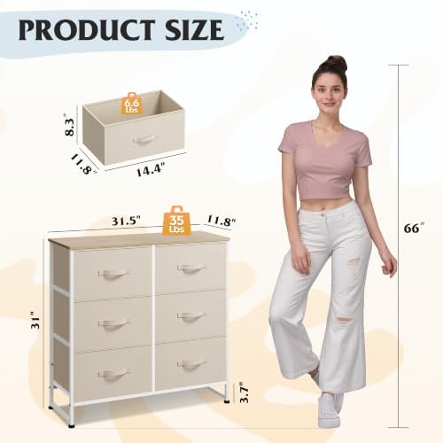 WLIVE Beige Fabric Dresser for Bedroom, 6 Drawer Dressers, Chest of Drawers - Image 3
