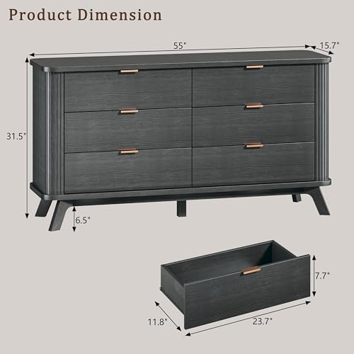 HUAHUU Fluted 6 Drawers Dresser for Bedroom, 55" Mid Century Modern & Chests of Drawers, Curved Profile Design, TV Stand, Wood Storage Dresser for Entryway, Hallway, Black - Image 2