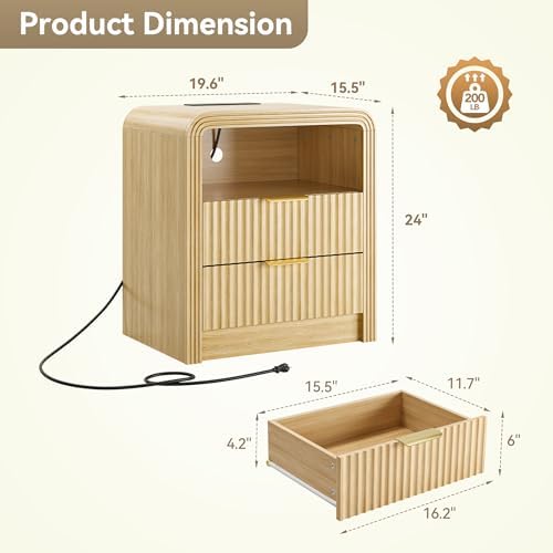 Decofy Fluted Nightstand with Charging Station, 2 Drawers, Oak - Image 2