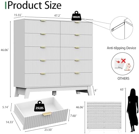 Xixini Fluted Dresser for Bedroom with 10 Drawers, 48" Wide Modern Chest of Drawers with Metal Handle, Wooden Dresser TV Stand, Wood Closet Clothes Storage Organizer for Living Room, Hallway, White - Image 2
