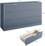 6 Drawer Fluted Dresser for the Bedroom, 55" Wide Wooden Dresser with Deep Drawers, Large Floor Chest of Drawers, Modern Long TV Stand, Storage Cabinet for Livingroom, Hallway, Blue - Image 2
