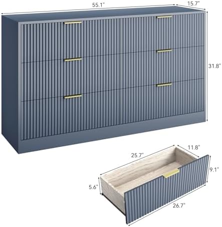 6 Drawer Fluted Dresser for the Bedroom, 55" Wide Wooden Dresser with Deep Drawers, Large Floor Chest of Drawers, Modern Long TV Stand, Storage Cabinet for Livingroom, Hallway, Blue - Image 2