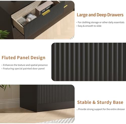 6 Drawer Dresser & 1-Drawer Nightstand Set 3-Piece, Black丨55 Wide Bedroom Set Night Stand Set of 2 with Metal Handle, Fluted Wood Chest of Drawers Storage Dressers Set for Bedroom - Image 7