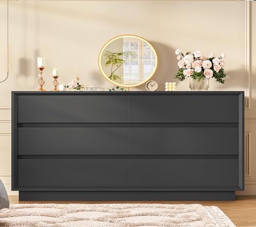 TEENFON 55" Dresser for Bedroom with 6 Drawers, Black Dresser with Metal Slide, Bedroom Dressers, Wood Dressers & Chests of Drawers for Bedroom, Hallway, Black - Image 4