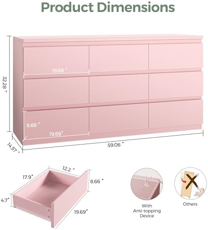 Jocoevol Modern 9 Drawer Dresser for Bedroom, Simply Chest of Drawers, Wood Storage Dresser with Deep Drawers for Living Room Hallway Entryway (Pink) - Image 2