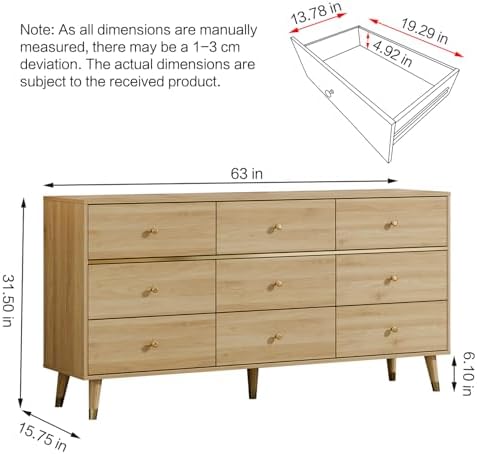 Chrangmay 9 Drawer Dresser,63" Wide Mid Century Modern Chest of Drawers,Wooden Bedroom Drawer Dresser with 9 Storage Drawers for Bedroom, Living Room,with Anti-Tipping Device,Natural - Image 2