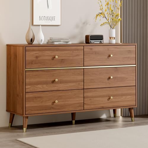 Chrangmay 6 Drawer Dresser,47" Wide Mid Century Chest of Drawers,Wooden Bedroom Drawer Dresser with 6 Storage Drawers for Bedroom,Living Room,with Anti-Tipping Device,Walnut.HT by Chrangmay