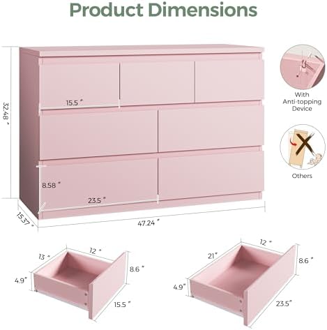 Modern 7 Drawer Dresser for Bedroom,Pink Wood Chest of Drawers,Closet Clothes Storage Organizer with Deep Drawers for Living Room Hallway Entryway,Nursery (15.3" D x 47.2" W x 32.3" H) - Image 2