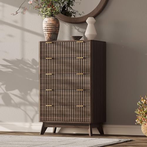 43" Hight Fluted 5 Drawers Dresser for Bedroom,Curved Edge,Walnut by TROJMHome