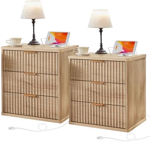 LEYAOYAO Fluted Nightstand Set of 2 with Charging Station,23" Modern Nightstand with Woodgrain Top, 3 Drawer End Table w/Storage, BedsideTables for Bedroom, Living Room, Curved Profile,Wood by LEYAOYAO-Findtheshiningpointofyourideallife%EF%BC%81