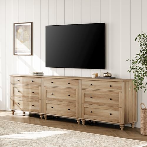 WAMPAT Wide 9 Drawer Dresser, Wooden Chest of Drawers for Bedroom, Oak - Image 4