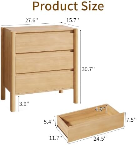 HOUROM Oak 3 Drawer Dresser for Bedroom, Mid Century Modern Chest - Image 2