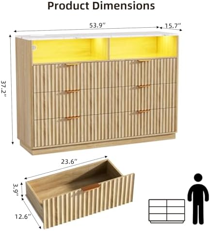 VOWNER Fluted 6 Drawer Dresser for Bedroom Faux Marble Top Dresser TV Stand - Image 2