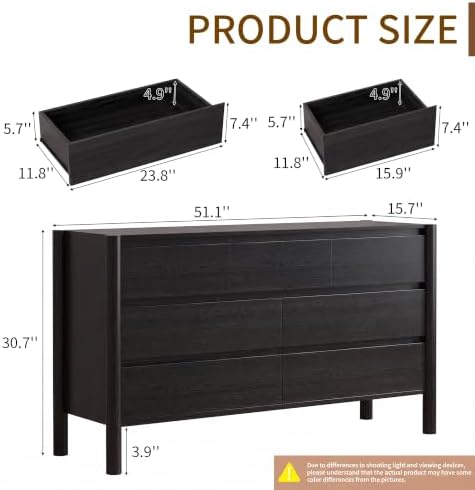 CHUWELL 51.1" Wide Black 7 Drawer Dresser for Bedroom with Solid Wood Legs - Image 2