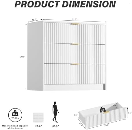 Furniway White Dresser for Bedroom, Modern Dresser with 3 Drawers and Smooth Slides, Wide Chest of Drawers with Golden Handles for Bedroom, Living Room, Closet, 15.7" D x 31.5" W x 29.6" H - Image 2