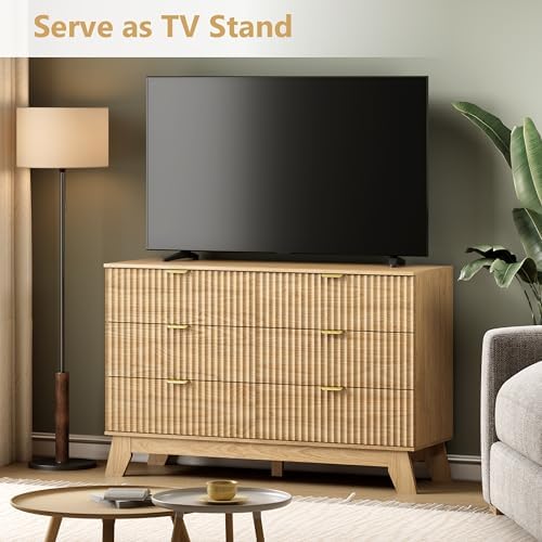 Wodeer 6 Drawer Fluted Dresser for Bedroom, Mid Century Modern Wooden Dresser with 6 Drawers, Dressers & Chests of Drawers with Metal Handle, TV Stand & Storage Organizer for Entryway, Hallway, Oak - Image 3