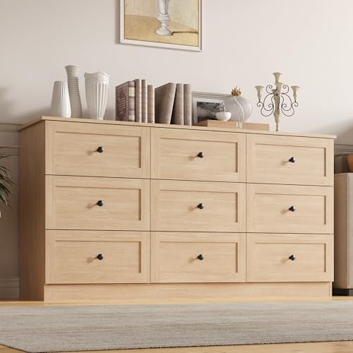 Furnify 9 Drawer Dresser, 59" Wide Dresser for Bedroom, Modern Large Chest of Drawers, TV Stand for 65 inch, Storage Organizer with Metal Handles for Bedroom, Living Room, Hallway, Natural by Furnify