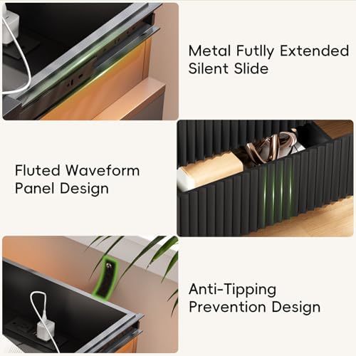 Fluted LED Night Stand with Charging Station, Black - Image 6