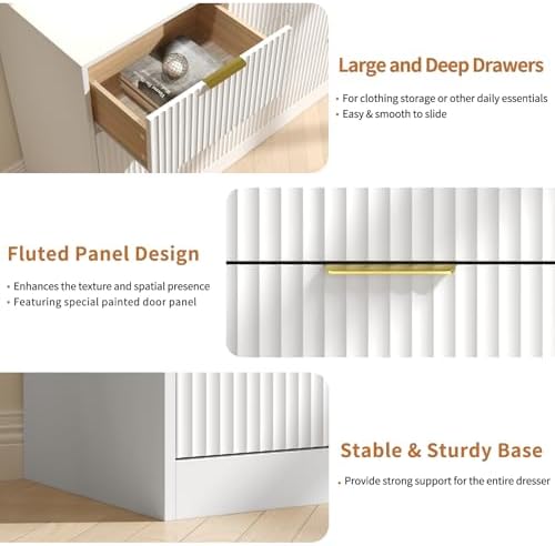 White Dresser with 7 Drawer 55" Wide Fluted Dresser for Bedroom丨Modern Chest of Drawer with Metal Handles, Wood TV Stand for Bedroom, Living Room, Entryway, Hallway, White - Image 4