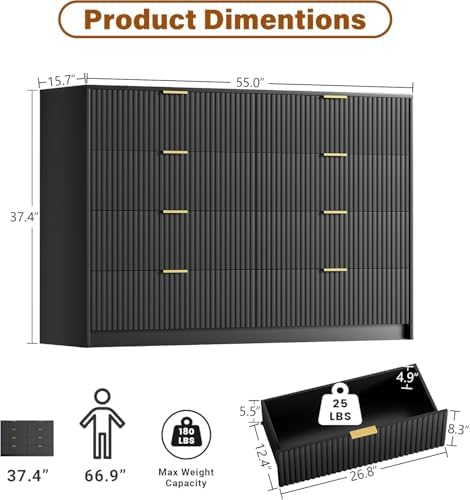 Furniway Black Dresser for Bedroom, Modern Dresser with 8 Drawers and Smooth Slides, Wide Chest of Drawers with Golden Handles for Bedroom, Closet, 15.7" D x 55" W x 37.4" H - Image 2