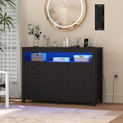 Wodeer Black Dresser 6 Drawer Dressers for Bedroom with LED Lights, Charging Station, Wood Chest of Drawers with Metal Handles, Modern TV Stand Storage Cabinet for Living Room, Hallway, Entryway - Image 3