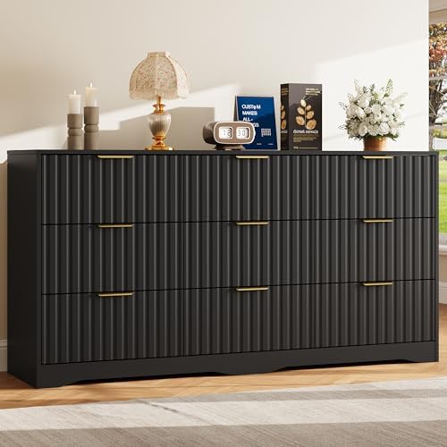 Fluted 9 Drawers Dresser for Bedroom, 63" Wide Wood Dressers, Black by METOTI