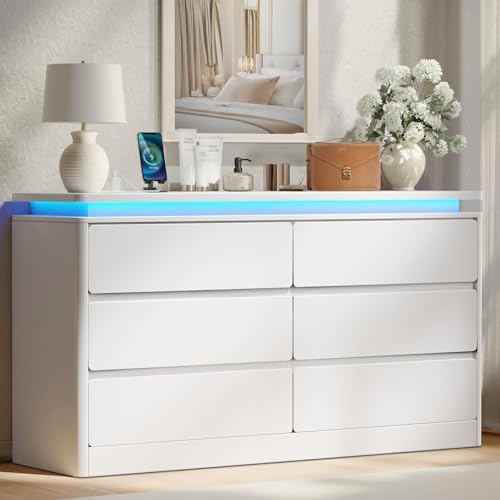 6 Drawer Dresser for Bedroom,47.24"Long White Chest of Drawers w/LED Lights by Gyfimoie