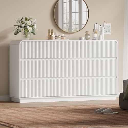 Wodeer White Dresser Fluted 9 Drawers Dresser for Bedroom, 59" Wide Wood Chest of Drawers with Hidden Handles & Rounded Corners, Modern TV Stand Storage Cabinet for Living Room, Hallway, Entryway by WODEER