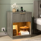 VINGLI Night Stands Set 2 with Charging Station, LED Nightstand Fluted with Rounded Edge, 19" W Mid Century Modern Nightstand for Bedroom, Fluted Night Stand/End Table/Bed Side Table, Grey - Image 3