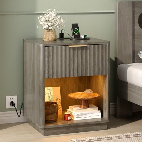 VINGLI Night Stands Set 2 with Charging Station, LED Nightstand Fluted with Rounded Edge, 19" W Mid Century Modern Nightstand for Bedroom, Fluted Night Stand/End Table/Bed Side Table, Grey - Image 3