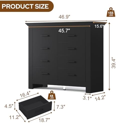 8 Drawer Dresser for Bedroom, Wood Dresser Chests of Drawers with Metal Handle, Double Wide Dressers, Vintage Design Storage Chest Cabinet and Organizer Drawers for Closet, Hallway, Entryway, Black - Image 2