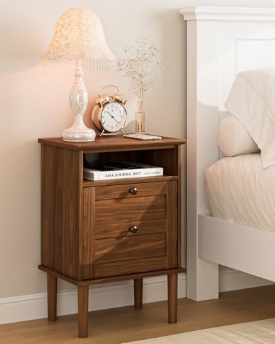 Nightstand, Boho Night Stand with 1 Drawer, Modern Side Accent Table with Open Shelf, Wooden Top Bedside End Table for Bedroom, Living Room, Walnut by Apetaccat