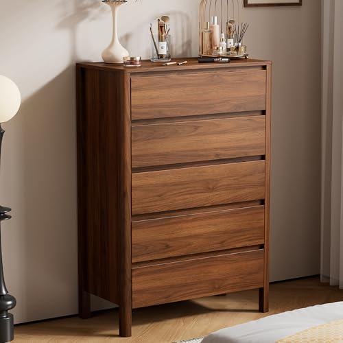 Walnut Dresser for Bedroom, 5 Drawer Dresser with Wood Legs, Tall Wood Dresser, Mid Century Modern Chest of Drawers, Large Storage Bedroom Furniture, Walnut - Image 6