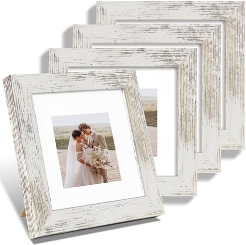 Hongkee 6x6 Picture Frame Set of 4, Made of Glass and Distressed White Wooden Frame - Display Picture 4x4 with Mat or 6 x 6 Without Mat, 6x6 Photo for Wall or Tabletop by Hongkee