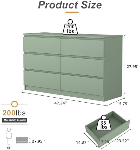 Green Dresser for Bedroom, Modern Large 6 Drawer Dresser with Deep Drawer,Wide Storage Chest of Drawers,TV Stand for Living Room - Image 3