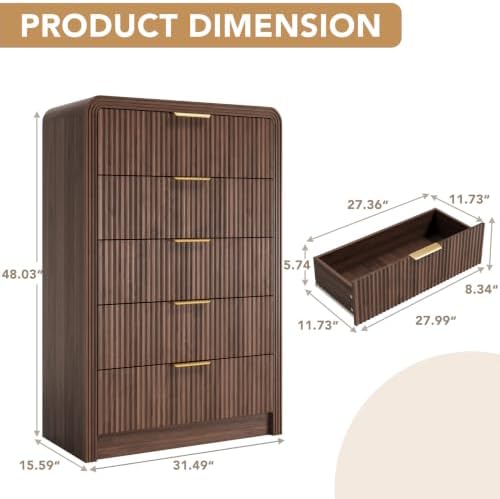 Decofy 48" H Fluted 5-Drawer Dresser for Bedroom, Walnut - Image 2