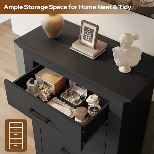5 Drawer Dresser for Bedroom, Wood Dresser Chests of Drawers with Metal Handle, 47" Tall Vintage Design Storage Dressers for Bedroom, Cabinet Organizer Drawers for Hallway, Entryway, Closet, Black - Image 5
