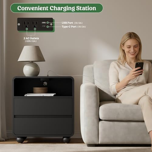 Lulive Night Stand, Bedside End Table with Charging Station, Black - Image 6