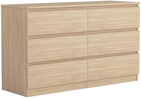 Vibe & Dine 6 Drawer Double Dresser, Modern Chest of Drawers with Wide Storage for Closet, Bedroom, Living Room, Natural Wood by VibeDine