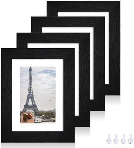 Hongkee 5x7 Picture Frame Set of 4, Made of Real Glass and Rustic Black Wooden Frame, 5 by 7 Photo for Wall or Tabletop - Display Picture 4x6 with Mat or 5x7 Without Mat by Hongkee