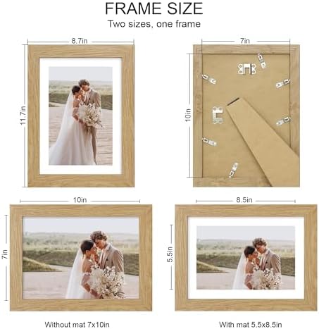 Hongkee 7x10 Picture Frame Set of 4, Made of Real Glass and Natural Oak Frame - Display 5.5 x 8.5 Diploma Frame with Mat or 7x10 Without Mat, 7 by 10 Photo for Wall or Tabletop - Image 2