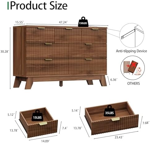Xixini Fluted Dresser for Bedroom with 7 Drawers, 48" Wide Modern Chest of Drawers with Metal Handle, Wood Dresser TV Stand, Wooden Closet Clothes Storage Organizer for Living Room, Hallway, Walnut - Image 2