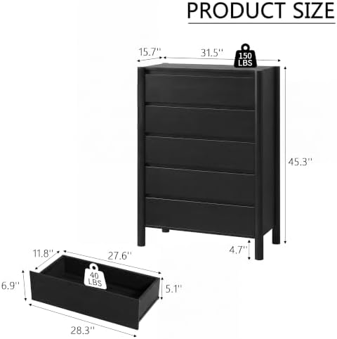 HOUROM Black Dresser for Bedroom,45" Tall 5 Drawer Mid Century Modern Chest - Image 2