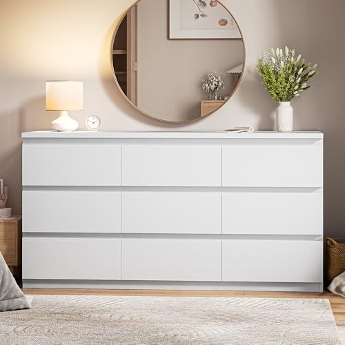 Jocoevol Modern 9 Drawer Dresser for Bedroom, Simply Chest of Drawers, Wood Storage Dresser with Deep Drawers for Living Room Hallway Entryway (White) - Image 3