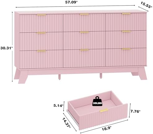 HUANLEGO Fluted Dresser for Bedroom with 9 Drawers, Pink - Image 3